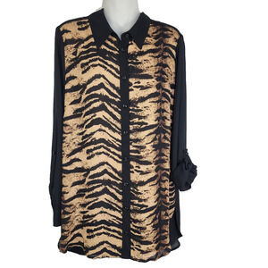 Susan Graver Shirt Printed Solid Georgette Long Sleeve Button Up Size 10 Animal
